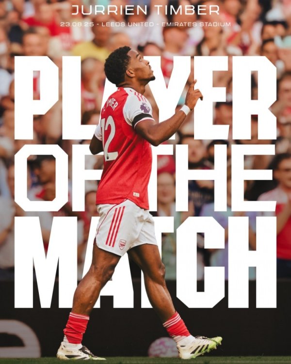 阿森纳5-0大获胜  兹联，廷伯被阿森纳官方评选为本场最佳