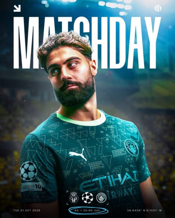 曼城发布欧冠客战比利亚雷亚尔海报：格瓦迪奥尔单人出镜