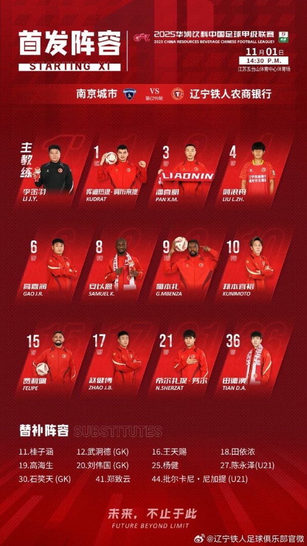中甲第29轮，南京城市vs辽宁铁人杆位名单！