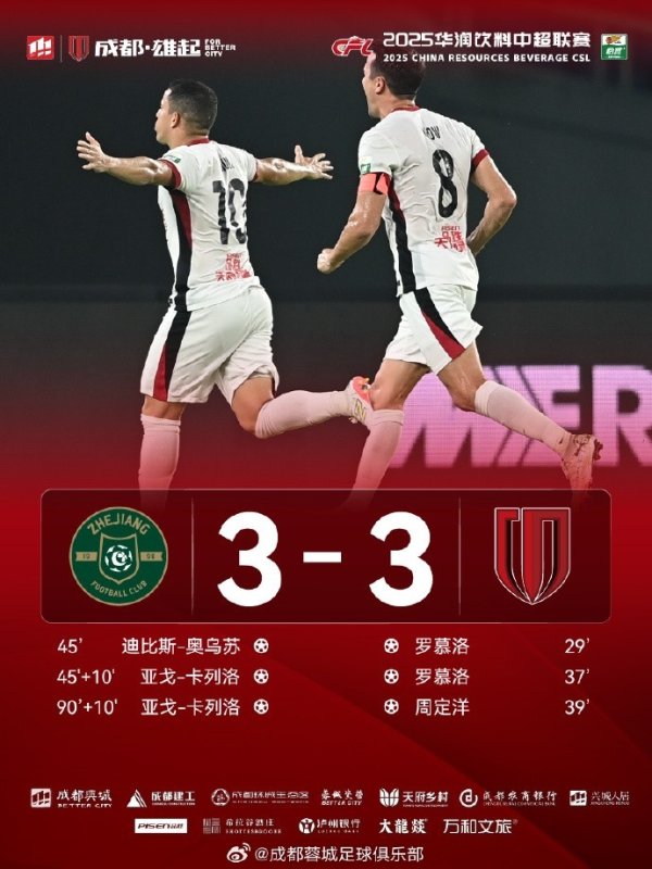中超职业联赛  第26轮，成都蓉城3-3战平浙江俱乐部绿城